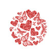 © MySunShine - Round of red glitter hearts and butterflies. Beautiful red silhouettes on white background. For Valentines day, wedding invitations, cards, branding, label, concept design. Vector illustration.