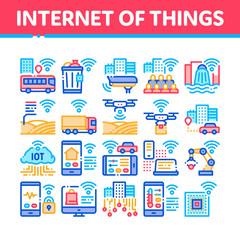 Sticker - Internet Of Things IOT Collection Icons Set Vector Thin Line. Wifi Signal In Bus And Truck, Cctv Camera And Drone Internet Of Things Concept Linear Pictograms. Color Contour Illustrations