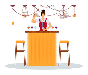 Wall Mural - woman bartender flat color vector illustration. service staff in uniform at bar counter. female hote