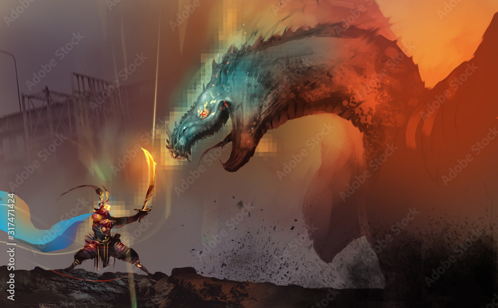 Digital illustration painting design style a dragon slayer fighting with boss of dragon in video game, against ruins city. - obrazy, fototapety, plakaty 