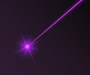 Purple laser beam light effect isolated on transparent background. Violet neon light ray with sparkles.