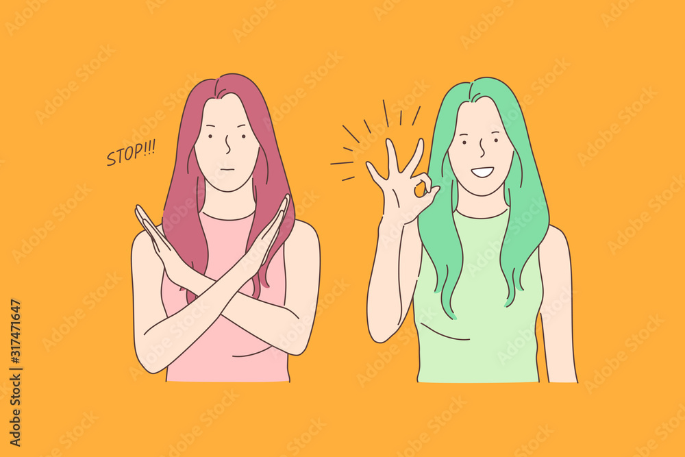 Sign language, stop and ok, opposite emotions concept. Call to stop, prohibition and consent gesture, communication, dialogue, gesticulating young woman, denying and agreeing girl. Simple flat vector - obrazy, fototapety, plakaty 