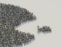 A Large Crowd Of People In The Shape Of A Fish Hunts For A Small