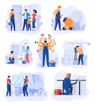 home renovation work, repair man service vector illustration. handyman cartoon character, set of bui