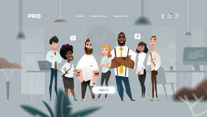 Canvas Print - Main Page Web Design with Business Cartoon Characters in Flat Style for Your Projects. 
