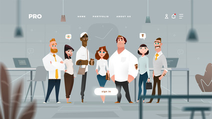 Wall Mural - Main Page Web Design with Business Cartoon Characters in Flat Style for Your Projects. 