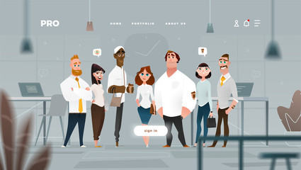 Canvas Print - Main Page Web Design with Business Cartoon Characters in Flat Style for Your Projects. 