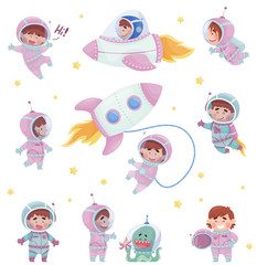  Little Astronaut Wearing Spacesuit Exploring the Moon Vector Illustrations Set