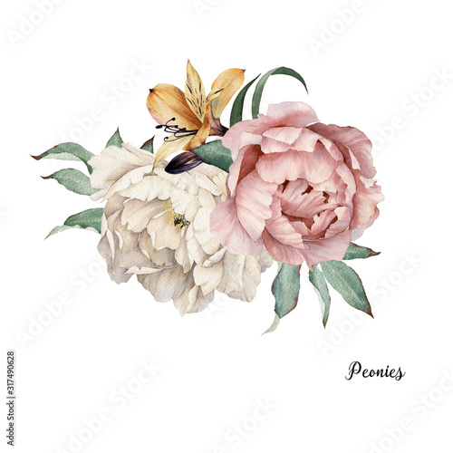 Bouquet of peonies, watercolor, can be used as greeting card, invitation card...