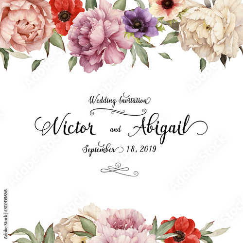 Greeting card with peonies, watercolor, can be used as invitation card for we...