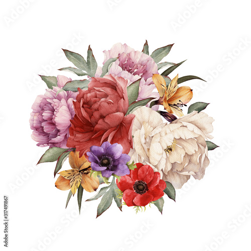 Greeting card with peonies, watercolor, can be used as invitation card for we...