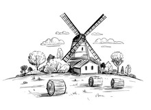 Countryside Landscape With A Mill. Hand Drawn Illustration Converted To Vector. Outline Isolated On Transparent Background