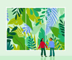 Leinwandbilder - Vector illustration in flat cartoon simple style with character -  couple looking through the window with urban jungle scene and greenhouse - nature conservation and ecology concept