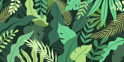 vector illustration in simple flat style with copy space for text - background with plants and leave