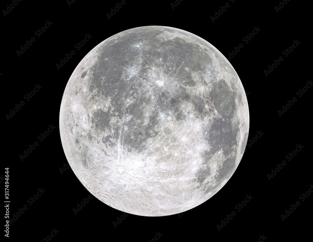 Full moon isolated on black background.	Image in high resolution. Bright lunar satelite. - obrazy, fototapety, plakaty 