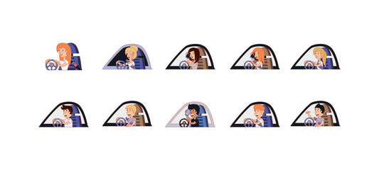 Sticker - Isolated people inside vehicles icon set vector design