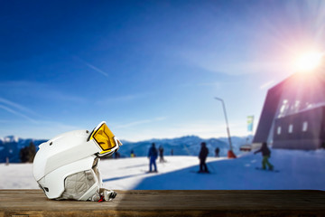 Canvas Print - Desk of free space and winter ski equipment.Blue sky and sunny day. 