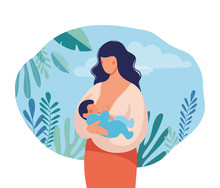 Woman Breastfeeding A Baby On A Natural Background. Mom Holds The Baby In Her Arms And Feeds With Breast Milk. Flat Vector Illustration