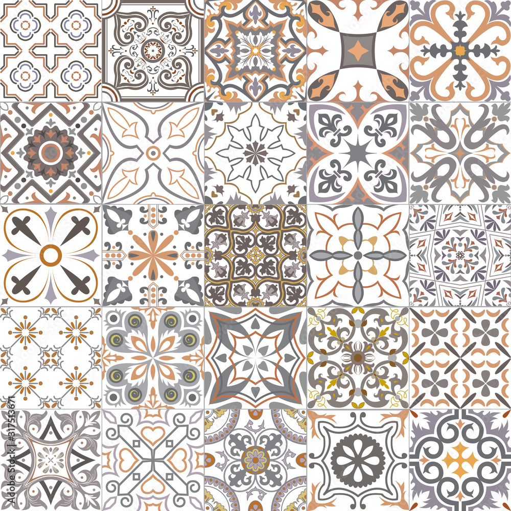 Set of tiles in portuguese, spanish, italian style. For wallpaper, backgrounds, decoration for your design, ceramic, page fill and more. - obrazy, fototapety, plakaty 