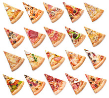 Large Collection Of Various Pizza Slices, Isolated On White Background