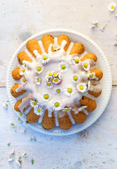 Wall Mural - Easter yeast cake (Babka) covered with icing and decorated with daisies on a white plate on a white wooden table, top view. Traditional Easter cake in Poland