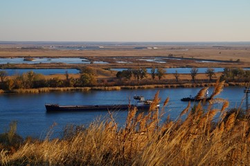 Sticker - A transport ship is floating on the river. Summer natural landscape.