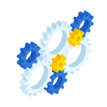 Isometric Ste Of Gears And Cogs Isolated On White. Eight Gear Sign Icon On Background