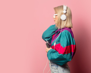 Poster - woman in 90s clothes with headphones