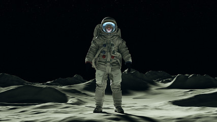 Wall Mural - astronaut man on the moon in a space suit standing with a clear visor moonscape front view 3d illust