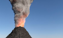 Volcano Eruption - 3d Render Illustration. Black, Gray Smog Smoke. Clouds Of Dust And Ash Burst From Volcano. Lava Breaks Out Of Crater.
