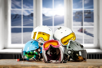 Sticker - Desk of free space and winter skiing helmet. White window sill and free space for your decoration. 