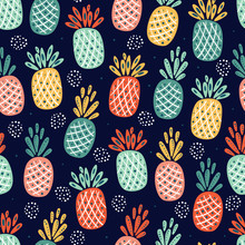 Fruit Vector Background With Pineapple. Abstract Seamless Pattern With Pineapples. Colorful Tropical Fruits Wallpaper. Healthy Summer Food Background