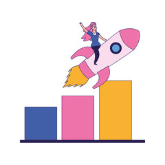 Sticker - woman on rocket and graphic bar chart, colorful design