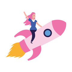 Canvas Print - happy woman on pink rocket icon, colorful design