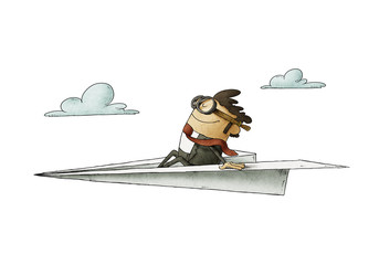 Businessman sitting on a paper plane flies at high speed. isolated