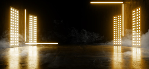 Smoke Fog Futuristic Sci Fi Yellow Pantone Glowing Laser Neon Beams Virtual Cyber Garage Stage Studio Hallway Parking Showcase 3D Rendering