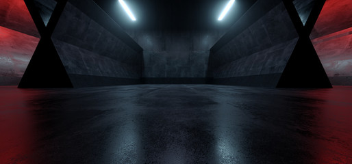 Sci Fi Futuristic Pantone Blue Red Glowing Neon Led Laser Lights Dark Night Empty Parking Underground Space Showcase Car Garage Concrete 3D Rendering