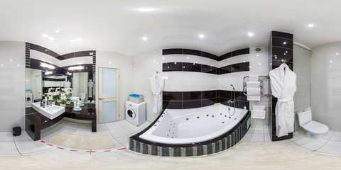 Sticker - full seamless hdri panorama 360 degrees angle view in interior of bathroom and toilet  in modern flat loft apartments in equirectangular projection with zenith and nadir. VR AR content