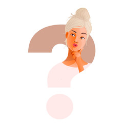 Wall Mural - Thinking girl. Beautiful blond woman, curious face, doubts, problems, thoughts, emotions concept. Woman questioning, question mark. Vector fashion illustration