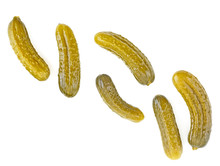 Various сornichons Isolated On A White Background, Top View.