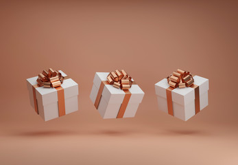 White gift boxes with golden ribbon bow levitating on natural beige background. Flying present abstract commercial concept. Creative minimal banner with copy space. 3d render