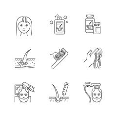 Wall Mural - Hair loss pixel perfect linear icons set. Male alopecia and female balding. Laser therapy. Follicle. Customizable thin line contour symbols. Isolated vector outline illustrations. Editable stroke