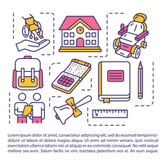 Poster - Inclusive education concept icon with text. School, college environment for disabled children. PPT page vector template. Brochure, magazine, booklet design element with linear illustrations