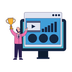 Sticker - computer monitor and businessman holding a trophy cup