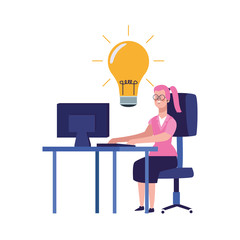 Wall Mural - cartoon woman working on office desk with big bulb