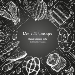 Wall Mural - Meats and sausages top view frame. Vector illustration. Engraved design. Hand drawn illustration. Meat products design template.