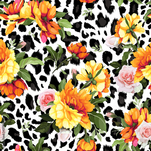 Seamless floral pattern with peonies on a leopard background, watercolor. Vec...