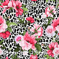 Wall Mural - Seamless floral pattern with peonies on a leopard background, watercolor. Vector illustration.