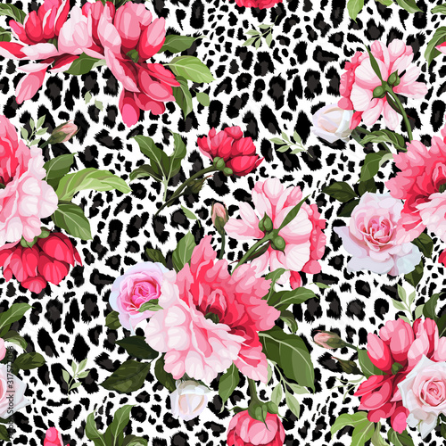 Seamless floral pattern with peonies on a leopard background, watercolor. Vec...