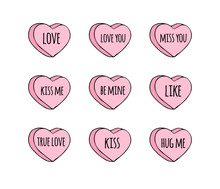 Vector Hand Drawn Doodle Set Of Pink Sweet Heart Candies Isolated On White Background. Bundle Of Flat Cartoon Conversation Text Sweets For Valentines Day
